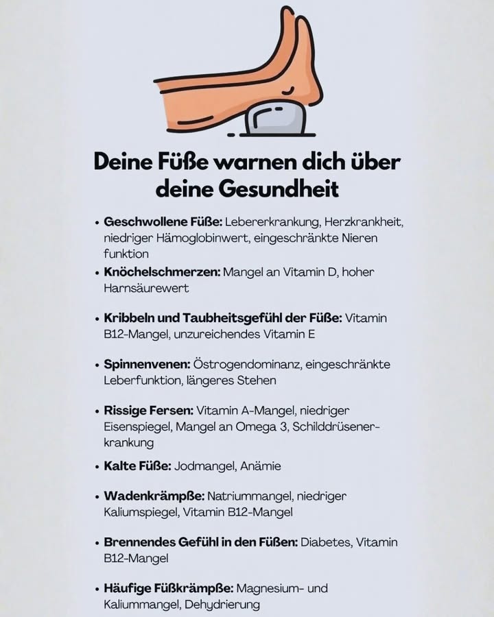 Deine Füße warnen dich über deine Gesundheit

Unsere Füße tragen uns jeden Tag durchs Leben  aber wusstest du, dass sie auch wichtige Hinweise auf deinen Gesundheitszustand geben können? 

Bestimmte Veränderungen oder Beschwerden solltest du nicht ignorieren. Hier ein Überblick, was dahinterstecken kann:

 Geschwollene Füße
Können auf Herz-, Leber- oder Nierenprobleme hinweisen oder mit einem niedrigen Hämoglobinwert zusammenhängen. Auch langes Stehen kann eine Rolle spielen.

領 Knöchelschmerzen
Möglicherweise verbunden mit Vitamin-D-Mangel oder erhöhtem Harnsäurewert.

 Kribbeln oder Taubheitsgefühl
Oft ein Hinweis auf Vitamin-B12-Mangel oder andere Nervenprobleme.

 Spinnenvenen
Können hormonell bedingt sein, durch langes Stehen entstehen oder auf eine schwächere Venenfunktion hinweisen.

林 Rissige Fersen
Manchmal verbunden mit Vitamin-A-Mangel, Eisenmangel oder Schilddrüsenproblemen  häufig aber auch einfach durch trockene Haut.

 Kalte Füße
Können auf Durchblutungsstörungen, Jodmangel oder Anämie hindeuten.

 Waden- oder Fußkrämpfe
Oft ausgelöst durch Magnesium- oder Kaliummangel, Flüssigkeitsmangel oder Vitamin-B12-Mangel.

 Brennendes Gefühl in den Füßen
Kann bei Diabetes oder Nervenschädigungen auftreten.