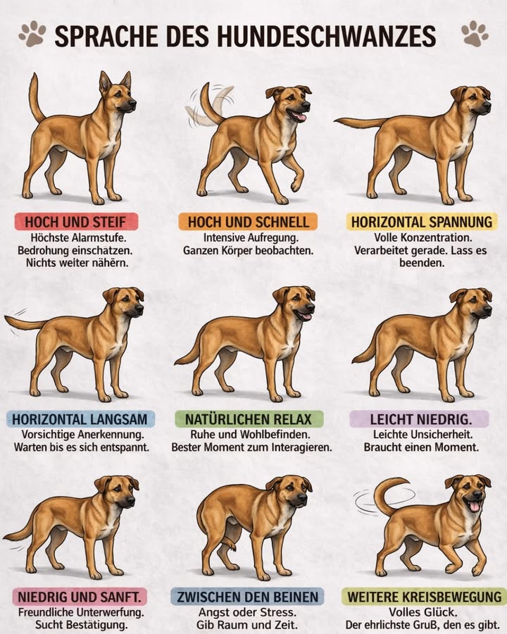 SPRACHE DES HUNDESCHWANZES 

Der Schwanz eines Hundes ist wie ein Stimmungsbarometer. Wer genau hinschaut, versteht schnell, wie sich der Vierbeiner wirklich fühlt. Hier ein Überblick über die wichtigsten Signale:

 Hoch und steif
Höchste Alarmstufe. Der Hund bewertet eine mögliche Bedrohung. Jetzt Abstand halten und Situation ruhig einschätzen.

 Hoch und schnell wedelnd
Starke Aufregung! Das kann Freude, aber auch Stress bedeuten. Immer den ganzen Körper beobachten Ohren, Haltung, Blick.

 Horizontal  Spannung
Volle Konzentration. Der Hund verarbeitet gerade Reize. Am besten nicht stören.

 Horizontal  langsam
Vorsichtige Annäherung oder Unsicherheit. Geduld zeigen und abwarten.

 Natürlich entspannt
Locker hängend oder sanft bewegend. Der Hund fühlt sich wohl  idealer Moment für Interaktion.

 Leicht niedrig
Leichte Unsicherheit. Der Hund braucht vielleicht einen Moment, um Vertrauen zu fassen.

 Niedrig und sanft wedelnd
Freundliche Unterwerfung. Der Hund sucht Bestätigung und Nähe.

 Zwischen den Beinen
Angst oder Stress. Wichtig: Ruhe bewahren, Raum geben und keinen Druck ausüben.

 Weite Kreisbewegung
Große Freude! Das ist oft der ehrlichste und herzlichste Gruß.

 Wichtig:
Der Schwanz allein reicht nicht aus  achten Sie immer auf die gesamte Körpersprache Ihres Hundes.