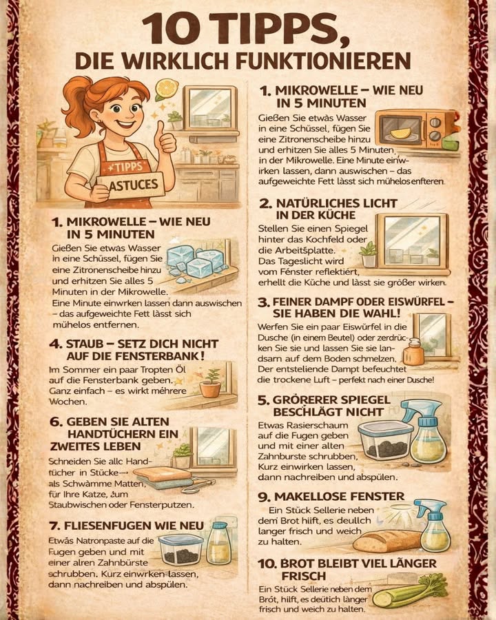 10 Tipps, die wirklich funktionieren  und dein Zuhause sofort verbessern! 

Manchmal sind es die kleinen Tricks, die den größten Unterschied machen. Hier sind 10 einfache, aber geniale Haushaltstipps, die dir Zeit, Geld und Nerven sparen  getestet und bewährt! 

 1. Mikrowelle wie neu in 5 Minuten
Eine Schüssel Wasser mit einer Zitronenscheibe 5 Minuten erhitzen  kurz einwirken lassen und auswischen. Fett und Gerüche verschwinden fast von selbst! 

 2. Mehr natürliches Licht in der Küche
Ein Spiegel hinter Herd oder Arbeitsfläche reflektiert das Tageslicht und lässt deine Küche größer und heller wirken. 爵

 3. Dampf-Trick mit Eiswürfeln
Ein paar Eiswürfel in die Dusche geben  der entstehende Dampf befeuchtet trockene Luft. Perfekt besonders im Winter! 

 4. Weniger Staub auf der Fensterbank
Ein paar Tropfen Öl auf der Fensterbank verteilen  Staub bleibt länger fern. So einfach, so effektiv! 識

 5. Spiegel beschlägt nicht mehr
Etwas Rasierschaum auftragen, trocken abwischen  und nie wieder beschlagene Spiegel im Bad. 朗

 6. Alte Handtücher weiterverwenden
Nicht wegwerfen! In Stücke schneiden und als Putztücher, Matten oder sogar für dein Haustier nutzen. Nachhaltig & praktisch. 

 7. Fliesenfugen wie neu
Natronpaste  alte Zahnbürste = strahlend saubere Fugen. Kurz einwirken lassen, schrubben, abspülen. 什

 8. Plastikbehälter ohne Geruch
Aktivkohle hineinlegen  sie absorbiert unangenehme Gerüche zuverlässig. 龎

 9. Streifenfreie Fenster
Wasser  Essig  etwas Speisestärke  für glasklare, makellose Fenster. 犯

 10. Brot bleibt länger frisch
Ein Stück Sellerie neben das Brot legen  so bleibt es deutlich länger weich und frisch. 稜塞