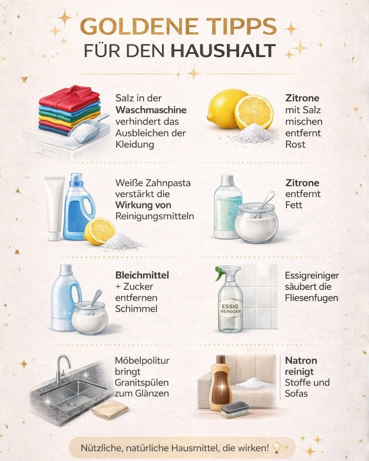 Goldene Haushaltstipps, die wirklich funktionieren! 

Manchmal sind es die einfachsten Hausmittel, die die besten Ergebnisse liefern. 
Diese bewährten Tipps sparen Zeit, Geld  und schonen die Umwelt.

狀 Salz in der Waschmaschine
 Verhindert das Ausbleichen der Kleidung und erhält die Farben länger frisch.

 Zitrone  Salz
 Entfernt Rost ganz natürlich  perfekt für Besteck und Metalloberflächen.

瘟 Weiße Zahnpasta
 Verstärkt die Reinigungskraft von Spül- und Putzmitteln.

 Zitrone gegen Fett
 Ideal für Pfannen und Oberflächen in der Küche  fettlösend und frisch.

林 Bleiche  Zucker
 Ein überraschender Trick gegen Schimmel vorsichtig anwenden!.

識 Alkoholessig
 Reinigt Fliesenfugen gründlich und entfernt Kalkrückstände.

 Möbelpolitur
 Bringt Granitspülen wieder zum Glänzen.

 Natron Backpulver
 Reinigt Stoffe, Teppiche und Sofas sanft und effektiv.

 Hausarbeit muss nicht kompliziert sein
Oft reichen ein paar einfache Zutaten aus dem Haushalt, um erstaunliche Ergebnisse zu erzielen.