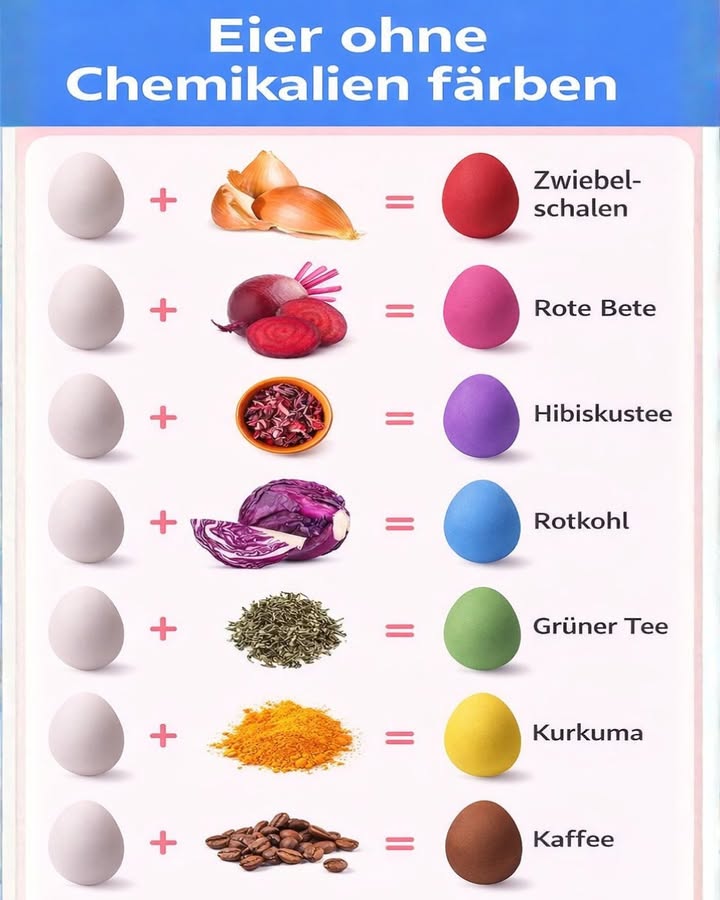 讀 Eier ohne Chemikalien färben  Natürlich & wunderschön! 讀

Ostern steht vor der Tür  und was gibt es Schöneres, als Eier ganz ohne künstliche Farbstoffe zu färben? 
Mit einfachen Zutaten aus deiner Küche kannst du traumhafte, natürliche Farben zaubern!

Hier sind die besten natürlichen Färbemethoden:

 Zwiebelschalen  kräftiges Rot
 Rote Bete  zartes Rosa
 Hibiskustee  intensives Lila
 Rotkohl  wunderschönes Blau
 Grüner Tee  sanftes Grün
 Kurkuma  leuchtendes Gelb
 Kaffee  warmes Braun

 So gehts:

Zutat in Wasser ca. 1530 Minuten kochen.

Sud abseihen.

Gekochte Eier hineinlegen.

Je länger sie ziehen, desto intensiver wird die Farbe.

 Tipp: Ein Schuss Essig im Wasser hilft, die Farbe besser anzunehmen!

Diese Methode ist nicht nur umweltfreundlich , sondern auch perfekt für Kinder geeignet. Keine Chemie  nur Natur!